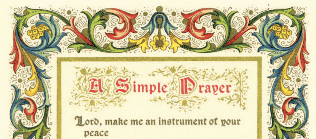 a screen shot of the cover to "A Simple Prayer: Already in Our Hearts" with the first line of the prayer, Lord, make me an instrument of your peace."

